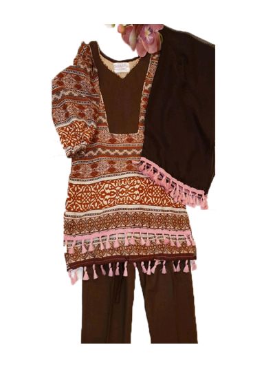 Riwaj Lawn Kurta Set With Tassels in Brown