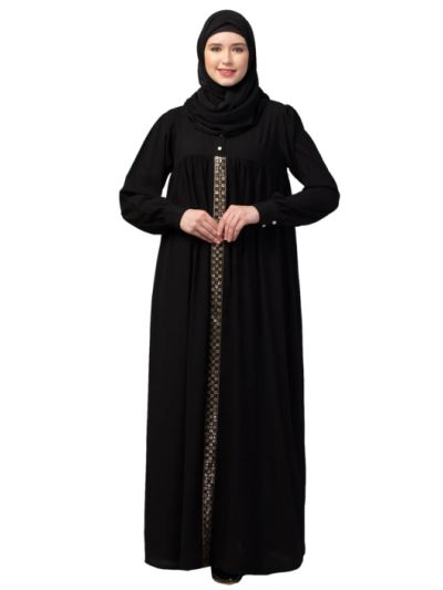 Loose Fit Umbrella Abaya Burqa Dress with Pleated Front Design & Lace Work