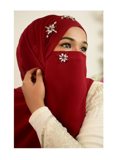 Aminah Maroon Rhinestone Hijab With Matching Naqab