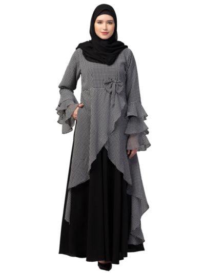 Asymmetrical Long Maxi Abaya Dress with Checkered Design