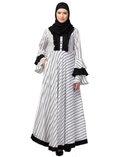 Striped Long Maxi Dress Abaya With Bell Sleeves 