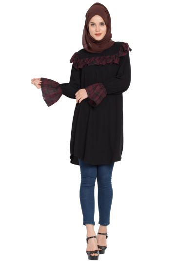 Designer Kurti with Contrast Ruffles and Bell Sleeves