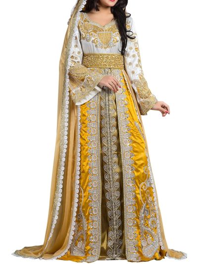 Yellow and White color Kaftan-Crepe