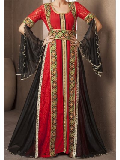 Red and Black Moroccan Style Embroidered Wedding Abaya