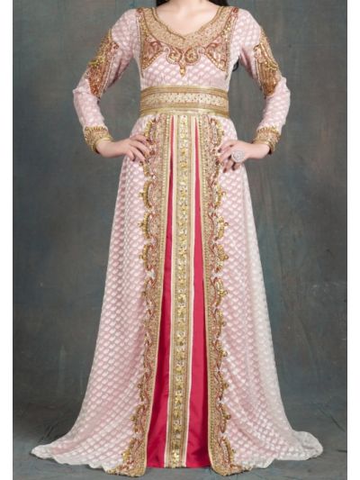 Off White and Pink Moroccan Golden Handwork Abaya