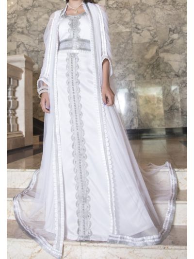 White Moroccan Long Sleeve Wedding Abaya With Lace Work 