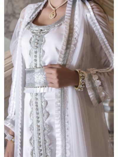 White Moroccan Long Sleeve Wedding Abaya With Lace Work 