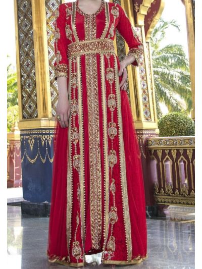 Red Moroccan Style Wedding Abaya With Net and Lace Work 