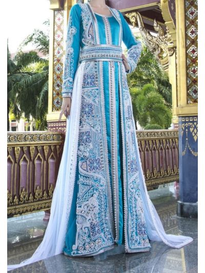Blue & White Moroccan Wedding Abaya With Pearl Hand Work 