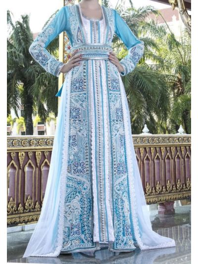 Blue & White Moroccan Wedding Abaya With Pearl Hand Work 