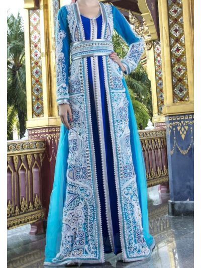 Blue & White Moroccan Wedding Abaya With Pearl Hand Work 