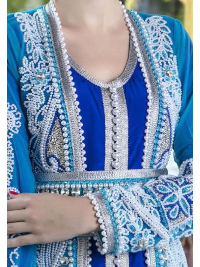 Blue & White Moroccan Wedding Abaya With Pearl Hand Work 