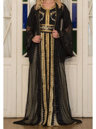 Black and Beige Jacket Style Embroidered Abaya 