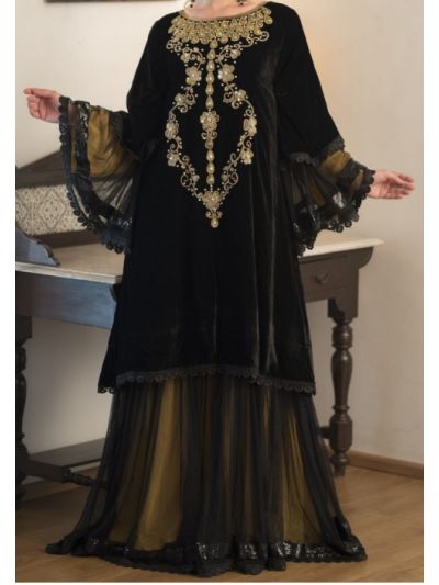 Black and Beige Jacket Style Embroidered Abaya 