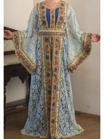 Aqua Blue Arabic Style Embroidered Wedding Abaya