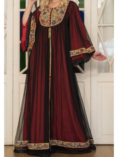 Black and Red Net Embroidered Wedding Abaya