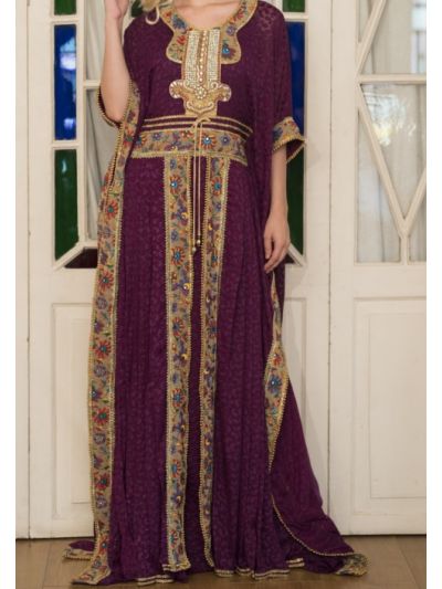 Violet Crepe Embroidered Moroccan Wedding Kaftan