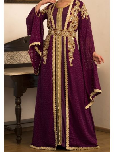 Violet Jacket Style Sequins Work Moroccan Wedding Abaya