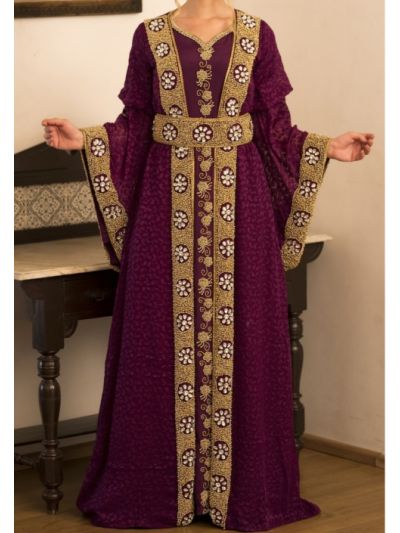 Violet Full Sleeve Moroccan Style Handmade Wedding Abaya