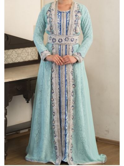 Mint Green and Blue Designer Pearl Work Moroccan Abaya