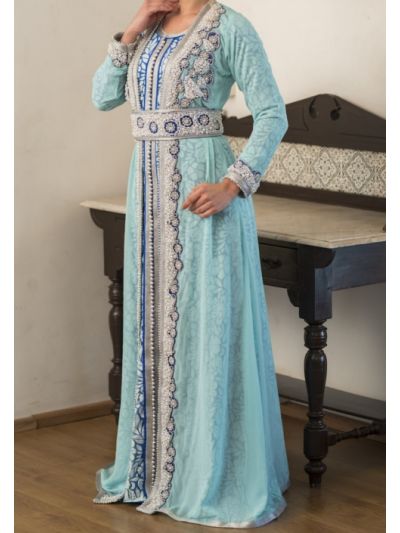 Mint Green and Blue Designer Pearl Work Moroccan Abaya