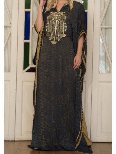 Dark Grey and Gold Arabic Style Handmade Islamic Kaftan 