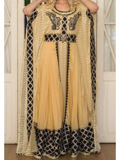 Beige & Black Embroidered Arabic Style Kaftan