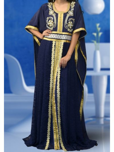 Dark Blue Embroidered Islamic Party Wear Kaftan