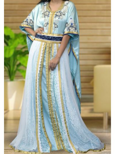 Mint Green & Blue Embroidered Arabic Style Kaftan