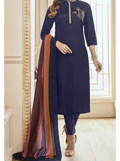 Majestic Navy Blue Cotton Embroidered Salwar Kameez