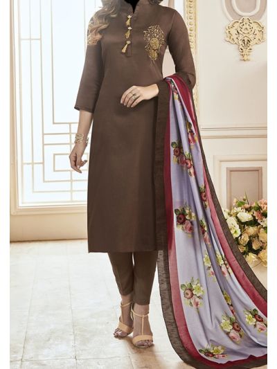Majestic Brown Cotton Embroidered Salwar Kameez