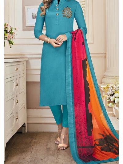 Desirable Blue Cotton Embroidered Salwar Kameez