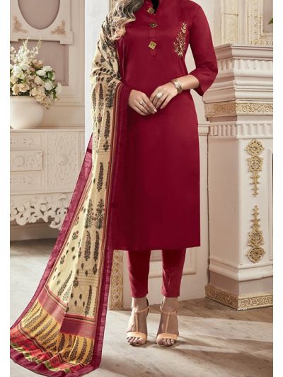 Beguiling Maroon Cotton Embroidered Salwar Kameez