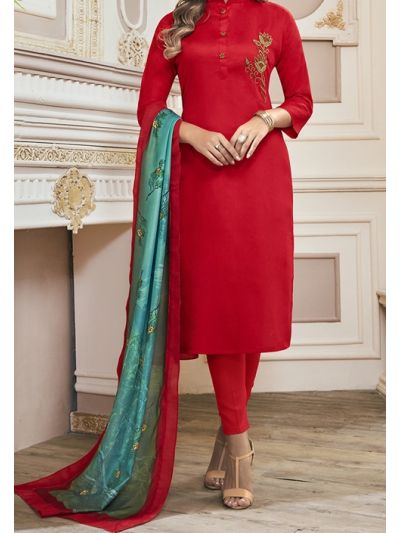 Alluring Red Cotton Embroidered Salwar Kameez