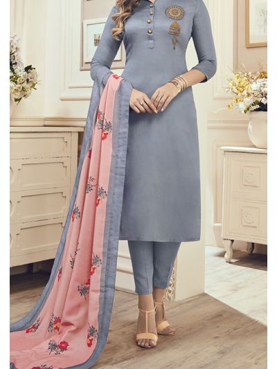 Alluring Grey Cotton Embroidered Salwar Kameez