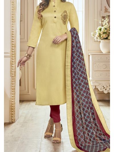Classic Beige & Red Cotton Embroidered Salwar Kameez