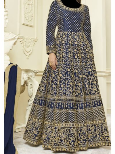 Navy Blue Silk Embroidered Anarkali Salwar Kameez