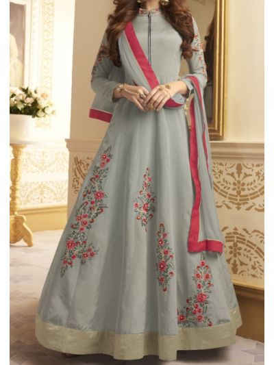 Grey Silk Floor Length Embroidered Anarkali Salwar Kameez
