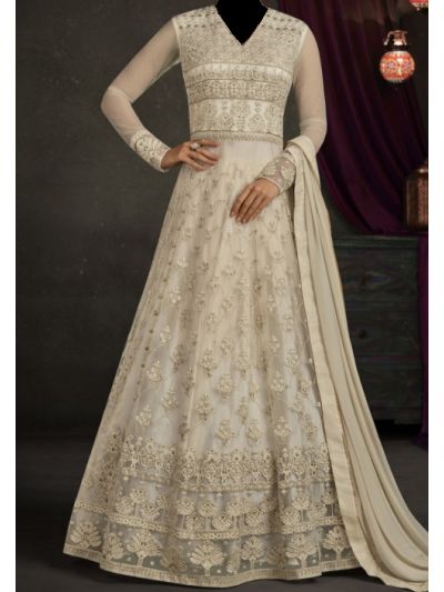 Cream Silk Embroidered Anarkali Salwar Kameez