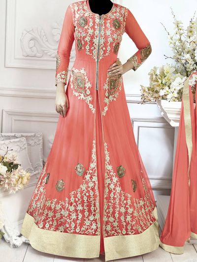 Heavy Embroidered Peach Anarkali Salwar Kameez