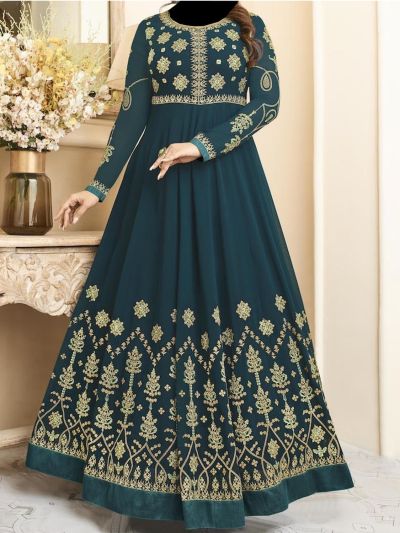 Graceful Teal Georgette Embroidered Work Salwar Kameez
