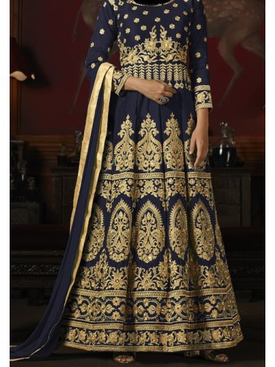 Charming Navy Blue Mulberry Silk with Embroidered Salwar Kameez 