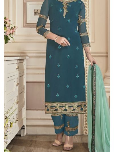 Eye Catching Turquoise Georgette with Embroidery Work Salwar Kameez