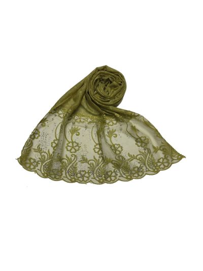 Heavy Net Big Lace With Diamond Studded Self Embroidered Scarf