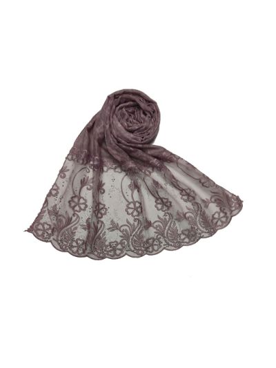 Heavy Net Big Lace With Diamond Studded Self Embroidered Scarf