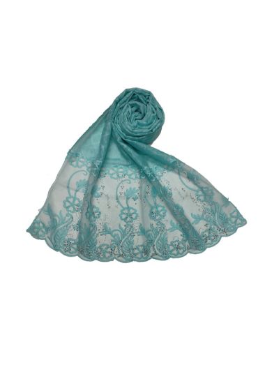 Heavy Net Big Lace With Diamond Studded Self Embroidered Scarf