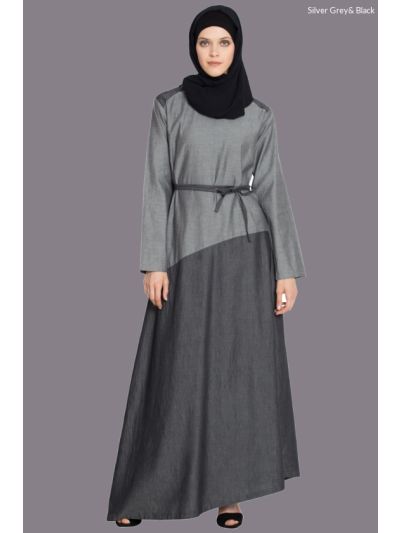 Silver Grey & Black Asymmetrical Contrast Skirt Abaya