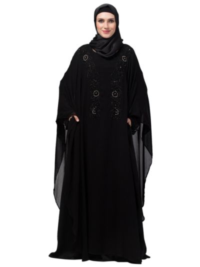 Double Layer Stone Hand Black Embroidery Party Wear Butterfly Abaya
