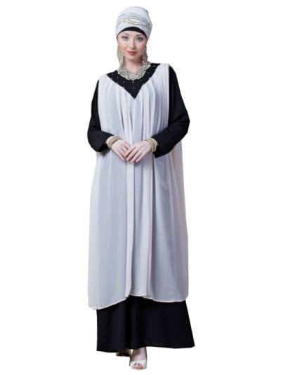 Embroidered Neck Band Double Layer Party Abaya