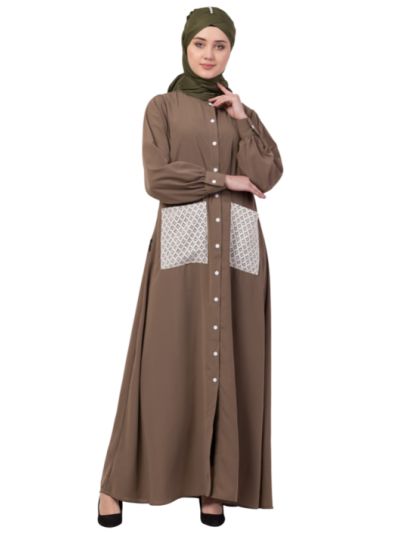  Front Open white  patch pocket Casual Abaya